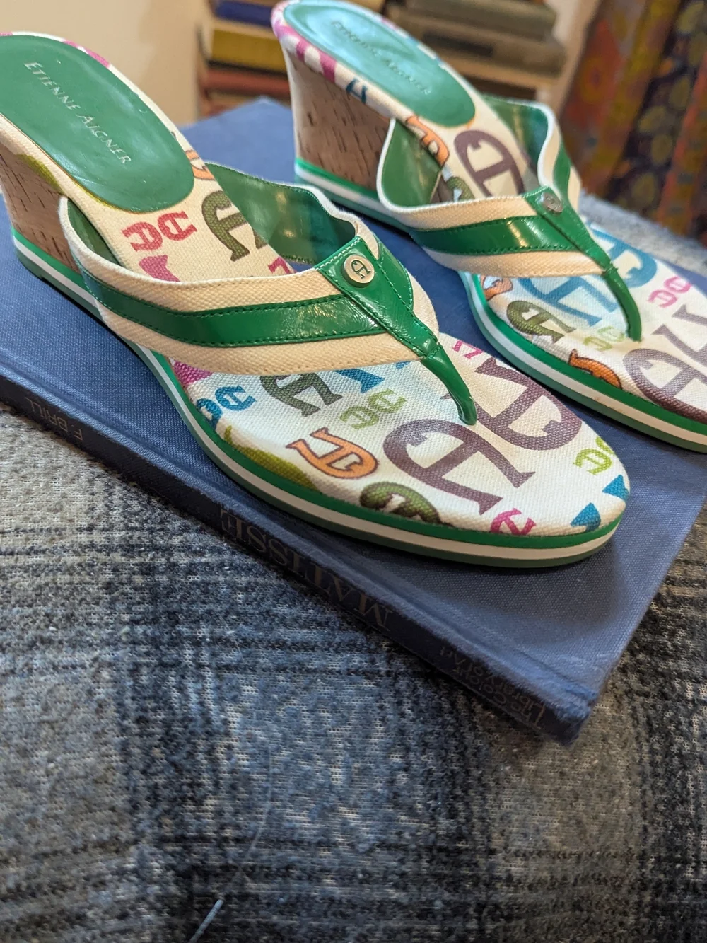 Etienne Aigner Green Multicolor Logo-Print Women's Thong Sandals